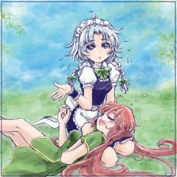 Rule 34 | 2girls, :o, ahoge, apron, blue eyes, blue sky, bow, braid, breasts, chinese clothes, cloud, closed eyes, female focus, flying sweatdrops, grass, hair bow, hong meiling, izayoi sakuya, long hair, looking up, lying, lying on person, maid headdress, multiple girls, nanashii (soregasisan), on back, open mouth, puffy short sleeves, puffy sleeves, red hair, seiza, short hair, short sleeves, silver hair, sitting, skirt, sky, touhou, twin braids, very long hair, vest, waist apron, wrist cuffs