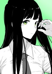 Rule 34 | 1girl, absurdres, black hair, closed mouth, commentary, detached sleeves, flying witch, green background, green eyes, grey background, head tilt, highres, ishizuka chihiro, kowata makoto, limited palette, long hair, looking at viewer, necktie, official art, portrait, school uniform, shirt, simple background, smile, solo, spot color, straight hair, thick eyebrows, upper body, white shirt