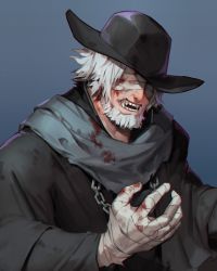 Rule 34 | 1boy, bandaged arm, bandages, black hat, blood, bloodborne, chain, commentary request, covered eyes, fangs, father gascoigne, gradient background, grey scarf, grin, hand up, hat, highres, jiro (ninetysix), long coat, long hair, male focus, scarf, smile, solo, teeth, upper body, white hair