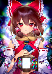 Rule 34 | 1girl, ainy, ascot, bare shoulders, blue ascot, blush, bow, brown hair, brown scarf, bug, butterfly, commentary request, detached sleeves, frilled bow, frilled shirt collar, frilled sleeves, frills, hair between eyes, hair bow, hair tubes, hakurei reimu, highres, holding, insect, long sleeves, looking at viewer, parted lips, red bow, red eyes, scarf, short hair, sidelocks, solo, touhou, upper body, wide sleeves