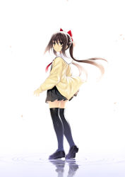 Rule 34 | 1girl, black dress, black footwear, black thighhighs, bow, brown eyes, brown hair, cardigan, dress, from behind, full body, hair bow, kneepits, long sleeves, looking at viewer, looking back, namonashi, necktie, original, parted lips, pleated dress, red bow, red necktie, reflection, sailor collar, shoes, simple background, smile, solo, thighhighs, twintails, white background, white sailor collar, yellow cardigan