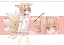 Rule 34 | 1girl, absurdres, animal ear fluff, animal ears, arknights, blonde hair, blouse, blush, braid, braided hair rings, closed mouth, commentary request, feet out of frame, fox ears, fox girl, fox tail, green eyes, hair between eyes, hair rings, highres, holding, infection monitor (arknights), ki xyoro, kitsune, long hair, multicolored hair, shirt, short sleeves, solo, stick, suzuran (arknights), tail, two-tone hair, white hair, white shirt, zoom layer