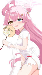 Rule 34 | 1girl, absurdres, ahoge, blue archive, blue eyes, blush, breasts, china dress, chinese clothes, cleavage cutout, clothing cutout, commentary request, cowboy shot, double bun, dress, fan print, fang, fyzt nemu, hair between eyes, hair bun, hair ornament, hair scrunchie, halo, hand fan, heterochromia, highres, holding, holding fan, hoshino (blue archive), hoshino (flowery charms) (blue archive), huge ahoge, long hair, looking at viewer, mahjong soul, medium bangs, open mouth, pink hair, pink halo, scrunchie, short dress, short sleeves, simple background, small breasts, smile, solo, very long hair, white background, white dress, wrist scrunchie, yellow eyes