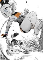 Rule 34 | 1girl, barefoot, bea (pokemon), black bodysuit, black hairband, blue eyes, bodysuit, bodysuit under clothes, bow hairband, chida daisuke, clenched hand, clenched teeth, collared shirt, commentary request, creatures (company), dark-skinned female, dark skin, dynamax band, game freak, gen 2 pokemon, gloves, gym leader, hair between eyes, hairband, hitmontop, knee pads, motion lines, nintendo, partially fingerless gloves, pokemon, pokemon (creature), pokemon swsh, print shirt, shirt, short hair, short sleeves, single glove, soles, teeth, tied shirt, toes