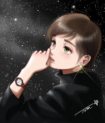 Rule 34 | 1girl, black sweater, brown eyes, brown hair, chutohampa, earrings, hand on own cheek, hand on own face, highres, jewelry, lipstick, looking to the side, makeup, original, parted lips, red lips, short hair, signature, sky, solo, star (sky), starry sky, sweater, teeth, turtleneck, turtleneck sweater, upper body, upper teeth only, watch, wristwatch