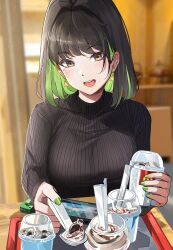 Rule 34 | 1girl, artist name, black hair, black sweater, blush, breasts, brown eyes, colored inner hair, cup, earrings, fingernails, food, green hair, green nails, hair intakes, highres, holding, holding cup, ice cream, jewelry, large breasts, lips, long sleeves, looking at viewer, mcdonald&#039;s, miru (ormille), mole, mole under eye, multicolored hair, nintendo switch, open mouth, original, ormille, pink lips, ribbed sweater, short hair, smile, solo, sweater, turtleneck