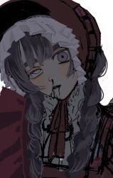 Rule 34 | 1girl, black blood, blood, blood from mouth, bonnet, braid, chin strap, dress, empty eyes, frilled bonnet, frilled dress, frills, grey eyes, grey hair, hair over shoulder, head tilt, heterochromia, high collar, highres, lazy eye, lolita fashion, long hair, looking at viewer, nosebleed, original, parted lips, portrait, red dress, red ribbon, ribbon, shirt, simple background, solo, thick eyebrows, twin braids, white background, white eyes, white shirt, yamanaka (43g k)