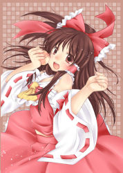 Rule 34 | 1girl, bare shoulders, bow, brown eyes, brown hair, detached sleeves, eating, female focus, food, fruit, hair bow, hakurei reimu, holding, holding food, holding fruit, japanese clothes, kilkennycat, long hair, miko, peach, sarashi, solo, touhou