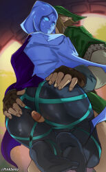 1boy 1girl ass black_pantyhose brown_hair fi_(zelda) fingerless_gloves gloves grabbing_another&#039;s_ass green_tunic groping hetero highres link nintendo no_pupils no_shoes orphen_(pink_seito) pantyhose penis soles the_legend_of_zelda the_legend_of_zelda:_skyward_sword thigh_sex tunic uncensored