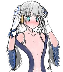 Rule 34 | 1girl, ainu clothes, aquaplus, barrun, blue eyes, blush, breasts, collarbone, curly hair, embarrassed, female focus, gloves, hair ribbon, long hair, looking at viewer, midriff, natoriitori, navel, open clothes, raised eyebrows, ribbon, robot, robot ears, robot girl, small breasts, solo, twintails, utawarerumono, utawarerumono: lost flag, white gloves, white hair