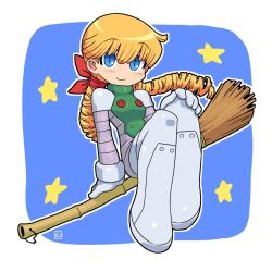 Rule 34 | 1girl, android, blonde hair, blue eyes, breasts, broom, broom riding, character request, closed mouth, drill hair, full body, gloves, hair ribbon, long hair, looking at viewer, muu (mumumer), ribbon, smile, solo, twin drills