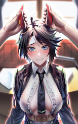 Rule 34 | 1girl, ahoge, animal ears, backlighting, black hair, black jacket, black necktie, blue eyes, blush, breasts, center frills, center opening, cleavage, closed mouth, collared shirt, commentary request, ear ornament, ear piercing, frilled shirt, frills, fuji kiseki (umamusume), grabbing another&#039;s ear, hair between eyes, hand on another&#039;s ear, highres, horse ears, horse girl, indoors, jacket, long sleeves, looking at viewer, medium breasts, multicolored hair, necktie, outline, partially unbuttoned, piercing, pov, pov hands, shirt, short hair, sidelocks, solo focus, standing, suwa763, table, umamusume, underbust, upper body, white hair, white shirt, window