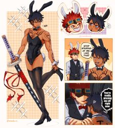 Rule 34 | 2boys, anger vein, annoyed, arm tattoo, black hair, black leotard, black thighhighs, bow, bowtie, bulge, chest tattoo, comic, crossdressing, detached collar, earrings, embarrassed, english text, eustass kid, facial hair, full body, goatee, hand tattoo, high heels, highres, holding, holding sword, holding weapon, jewelry, katana, leotard, long sideburns, looking at another, male focus, male playboy bunny, multiple boys, one piece, rabbit ears, rabbit tail, shoulder tattoo, sideburns, speech bubble, standing, sword, tattoo, thighhighs, tipe (mementomoli), toned, toned male, trafalgar law, weapon, yaoi