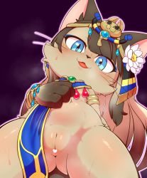 Rule 34 | 1girl, :3, alacarte, animal ears, animal nose, armlet, bare shoulders, bastet (cat busters), blonde hair, blue eyes, blue eyeshadow, blush, body fur, bracelet, brown fur, cat busters, cat ears, cat girl, censored, circlet, cleft of venus, cowboy shot, eyeshadow, female focus, flat chest, flower, furry, furry female, gem, gluteal fold, gold, gradient hair, hair flower, hair ornament, hand up, happy, head tilt, heart, heart censor, highres, jewelry, looking at viewer, lotus, makeup, motion lines, multicolored hair, nipples, outline, pelvic curtain, pink outline, pointless censoring, presenting, purple background, pussy, pussy juice, sidelocks, simple background, smile, solo, spread legs, standing, steaming body, sweat, tabard, textless version, thighs, whiskers, white flower