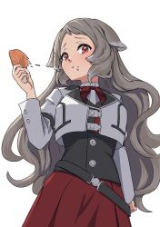 Rule 34 | 1girl, absurdres, animal ears, black corset, blazer, brown eyes, buttoned cuffs, buttons, chicken leg, closed mouth, corset, dog ears, dog girl, dress, eating, food, grey hair, highres, holding, holding food, jacket, long hair, long sleeves, looking at viewer, meat, messy hair, mushoku tensei, pleated dress, pursena adoldia, red dress, sidelocks, simple background, solo, syagare, upper body, very long hair, white background