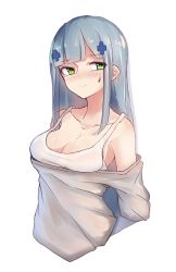 Rule 34 | 1girl, bad id, bad pixiv id, bare shoulders, blunt bangs, blush, breasts, cleavage, collarbone, cropped torso, cross hair ornament, facial mark, frown, girls&#039; frontline, green eyes, grey shirt, hair ornament, hk416 (girls&#039; frontline), inniyik, looking at viewer, medium breasts, nose blush, off shoulder, shirt, silver hair, simple background, solo, straight hair, tank top, teardrop, tears, upper body, white background, white shirt