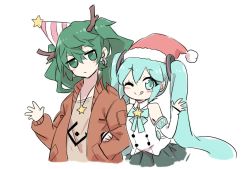 Rule 34 | 2girls, :p, antlers, aqua eyes, aqua hair, bad id, bad twitter id, black skirt, blush, chibi, commentary, detached sleeves, dual persona, earrings, expressionless, fur-trimmed headwear, fur trim, green eyes, green hair, hair ornament, hand up, hat, hatsune miku, holding own arm, horns, jacket, jewelry, long hair, looking at viewer, magical mirai (vocaloid), magical mirai miku, magical mirai miku (2017), medium hair, multiple girls, necklace, nejikyuu, one eye closed, party hat, pleated skirt, red headwear, red jacket, reindeer antlers, santa hat, shirt, skirt, sleeveless, sleeveless shirt, smile, star (symbol), star necklace, striped clothes, striped headwear, suna no wakusei (vocaloid), t-shirt, tongue, tongue out, twintails, upper body, very long hair, vocaloid, waving, white background, white shirt, white sleeves, yuri