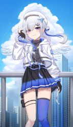 Rule 34 | 1girl, absurdres, against railing, amane kanata, amane kanata (work), ammunition pouch, angel, angel wings, arm at side, asymmetrical bangs, belt, beret, black bow, black dress, black gloves, black ribbon, black shirt, blue belt, blue hair, blue sky, blue thighhighs, blue wings, blush, bow, building, city, cloud, cloudy sky, colored inner hair, day, dot nose, dress, eyelashes, eyes visible through hair, feathered wings, feathers, frilled dress, frills, gloves, gold necklace, gradient clothes, gradient dress, gradient wings, grin, guard rail, hair bow, hair ornament, hair over one eye, hair rings, hairclip, hand up, hat, hat ornament, high collar, highres, hololive, hood, hood down, hooded jacket, iv (iv70311741), jacket, jewelry, long sleeves, multicolored hair, multicolored wings, neck ribbon, necklace, official alternate costume, official alternate hairstyle, parted lips, partially fingerless gloves, pink hair, pleated dress, pouch, puffy long sleeves, puffy sleeves, purple eyes, railing, ribbed shirt, ribbon, shirt, short dress, silver hair, single hair intake, single sock, single thighhigh, sky, skyscraper, smile, socks, solo, standing, star (symbol), star hat ornament, star necklace, streaked hair, thigh strap, thighhighs, twintails, urban, virtual youtuber, white hat, white jacket, white wings, wings, zipper, zipper pull tab