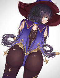 Rule 34 | 1girl, artist request, ass, black hair, cameltoe, cape, detached sleeves, elbow gloves, embarrassed, from behind, genshin impact, gloves, gradient hair, green eyes, hair ornament, hair ribbon, hat, highres, huge ass, leotard, long hair, looking at viewer, looking back, mona (genshin impact), multicolored hair, purple hair, ribbon, shiny clothes, solo, thighlet, twintails, very long hair