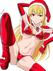 Rule 34 | 1girl, anger vein, angry, arm behind head, arm up, bikini, blonde hair, boots, bow, bow bikini, cameltoe, capelet, christmas, closed mouth, commentary, elbow gloves, frown, fur-trimmed capelet, fur trim, gloves, half-closed eye, hat, highres, hime (kaibutsu oujo), hinoki (hinoki-buro), kaibutsu oujo, long hair, looking at viewer, medium hair, navel, princess, raised eyebrow, red bikini, red capelet, red eyes, red footwear, red gloves, red hat, santa bikini, santa hat, short hair with long locks, simple background, slit pupils, solo, swimsuit, thigh boots, thighhighs, twitter username, very long hair, white background