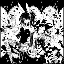 2girls animal_ears black_border border bow bowtie breasts cleavage criss-cross_halter d.gray-man fake_animal_ears fishnet_pantyhose fishnets flat_chest garter_straps greyscale grin hairband halterneck heart holding holding_plate lenalee_lee leotard long_hair looking_at_viewer monochrome multiple_girls pantyhose plate playboy_bunny rabbit_ears road_kamelot sitting smile strapless strapless_leotard striped_bow striped_bowtie striped_clothes striped_thighhighs thighhighs timcanpy twintails usadapan1005 wrist_cuffs