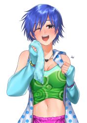 Rule 34 | artist request, blue hair, blush, collar, dance dance revolution, highres, midriff, non-web source, official art, one eye closed, open mouth, short hair, smile, toshiba emi, towel, white background