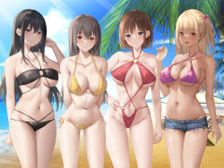 Rule 34 | 4girls, :&gt;, armpits, arms behind back, bangs, beach, bikini, bikini top only, black bikini, black hair, blonde hair, breasts, brown hair, cccpo, cleavage, closed mouth, cloud, day, eyebrows hidden by hair, feet out of frame, female focus, groin, hair between eyes, hand on hip, hand up, happy, highres, large breasts, legs, light brown hair, long hair, looking at viewer, multiple girls, navel, o-ring, o-ring bikini, ocean, open mouth, original, outdoors, palm tree, pink bikini, red bikini, short hair, short shorts, shorts, side ponytail, sky, smile, standing, suzuame yatsumi, swimsuit, thighs, tree, water, yellow bikini