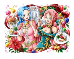 Rule 34 | 2girls, bell, blue hair, bow, brown eyes, cake, cake slice, cupcake, flower, food, holding, holding plate, holly, leaf, multiple girls, official art, one piece, one piece treasure cruise, open mouth, pinecone, pink hair, plate, red ribbon, ribbon, teeth, upper teeth only