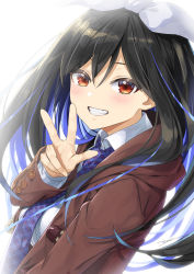 Rule 34 | 1girl, black hair, blue hair, blue necktie, brown jacket, collared shirt, commentary request, grin, hair between eyes, hair ribbon, hand up, highres, hood, hood down, hooded jacket, jacket, long hair, long sleeves, looking at viewer, looking to the side, multicolored hair, necktie, open clothes, open jacket, original, plaid necktie, red eyes, ribbon, school uniform, shirt, simple background, smile, solo, two-tone hair, tyone, v, very long hair, white background, white ribbon, white shirt