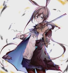 Rule 34 | 1girl, amiya (arknights), animal ears, arknights, ascot, black jacket, black pantyhose, blue ascot, blue eyes, blue skirt, bow (music), brown hair, commentary, cowboy shot, extra ears, highres, holding, holding bow (music), holding instrument, holding violin, hood, hood down, instrument, jacket, jewelry, long hair, looking at viewer, multiple rings, open clothes, open jacket, pantyhose, rabbit ears, ring, shiguilinga, shirt, skirt, solo, symbol-only commentary, violin, white shirt