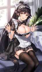 Rule 34 | 1girl, absurdres, alternate costume, animal ears, apron, azur lane, black dress, black hair, black ribbon, black thighhighs, blush, breasts, cleavage, collared dress, couch, cushion, dog ears, dress, enmaided, frilled apron, frilled dress, frills, garter straps, hair ears, hair flaps, highres, indoors, large breasts, long hair, maid, maid apron, maid headdress, minestrone takizawa, neck ribbon, open mouth, plant, ponytail, puffy short sleeves, puffy sleeves, ribbon, short sleeves, sitting, smile, solo, takao (azur lane), thighhighs, waist apron, white apron, white ribbon, window, wrist cuffs