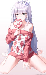 Rule 34 | 1girl, absurdres, bare shoulders, barefoot, blush, braid, breasts, candy, collarbone, crown braid, food, grey eyes, hand on floor, highres, holding, holding candy, holding food, long hair, looking at viewer, maplestory, off-shoulder sweater, off shoulder, on floor, open mouth, pasta (sanyan), pink sweater, silver hair, sitting, small breasts, solo, spread legs, sweater, wariza, white background