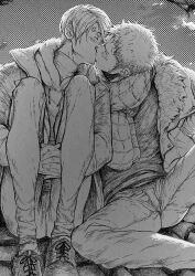 Rule 34 | 2boys, blush, curly eyebrows, deadjuice, greyscale, hair over one eye, hugging own legs, kiss, long sideburns, m legs, male focus, monochrome, multiple boys, night, night sky, on rooftop, one piece, pants, roronoa zoro, sanji (one piece), shoes, short hair, sideburns, sitting, sky, yaoi