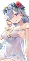 Rule 34 | 1girl, anastasia (fate), anastasia (swimsuit archer) (fate), anastasia (swimsuit archer) (second ascension) (fate), bare shoulders, blue eyes, blush, bow, braid, breasts, cleavage, collarbone, dress, dress swimsuit, fate/grand order, fate (series), flower wreath, hair bow, hair over one eye, head wreath, highres, large breasts, long hair, looking at viewer, silver hair, smile, solo, thighs, twin braids, very long hair, vivi (eve no hakoniwa), white dress