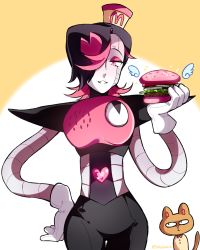 Rule 34 | 2boys, black hair, burger, burgerpants, cat, eyeshadow, flipped hair, food, gloves, hair over one eye, hand on own hip, hat, heart, holding, holding food, lettuce, looking at another, looking at viewer, makeup, male focus, mettaton, mettaton ex, mini hat, multicolored hair, multiple boys, onion, pink eyes, pink hair, short hair, sparkle, tomato, twitter username, two-tone hair, undertale, white background, white gloves, white wings, wings, yukiblue