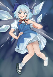Rule 34 | 1girl, :d, blue bow, blue hair, bow, cirno, cirno day, dress, floating, girutea, hair bow, hand on own hip, highres, ice, looking at viewer, neck ribbon, open mouth, puffy short sleeves, puffy sleeves, red ribbon, ribbon, shoes, short sleeves, single shoe, smile, socks, solo, touhou
