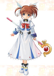 Rule 34 | 1girl, absurdres, bow, brown hair, commentary request, dress, full body, hair ribbon, highres, long hair, lyrical nanoha, magical girl, mahou shoujo lyrical nanoha, purple eyes, raising heart, red bow, ribbon, short twintails, solo, staff, standing, takamachi nanoha, twintails, white dress, white footwear, yashin (yasinz)