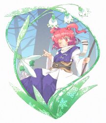 Rule 34 | 1girl, ;), bare tree, blue dress, coin, commentary request, dress, flower, forest, hair bobbles, hair ornament, highres, holding, ini (inunabe00), juliet sleeves, long sleeves, nature, one eye closed, onozuka komachi, outdoors, puffy sleeves, red eyes, red hair, smile, snowbell (flower), snowdrop (flower), snowflake print, solo, touhou, tree, two side up, white flower