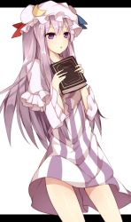 Rule 34 | 1girl, bad id, bad pixiv id, book, crescent, dress, female focus, hat, kako11, letterboxed, long hair, patchouli knowledge, purple dress, purple eyes, purple hair, purple skirt, skirt, solo, striped clothes, striped dress, touhou
