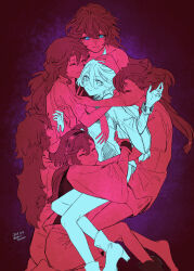 Rule 34 | 6+girls, absurdres, ahoge, arm around neck, arm around waist, artist name, asticassia school uniform, black background, black hairband, blue background, blue eyes, boots, clone harem, closed eyes, dated, gradient background, grey hair, gundam, gundam suisei no majo, hair between eyes, hairband, hand on another&#039;s head, high heel boots, high heels, highres, hug, hug from behind, jacket, long hair, long sleeves, low ponytail, miorine rembran, multiple girls, multiple persona, partially colored, red:birthmark (song), red hair, school uniform, simple background, suletta mercury, thick eyebrows, yuri, yuri kyanon