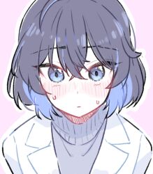 Rule 34 | 1girl, black hair, blue eyes, blue hair, blush, closed mouth, commentary request, grey sweater, hair between eyes, highres, honkai (series), honkai impact 3rd, jacket, korean commentary, looking at viewer, multicolored hair, nose blush, outline, pink background, seele vollerei, simple background, solo, sweat, sweater, turtleneck, turtleneck sweater, two-tone hair, upper body, velcozz, white jacket, white outline
