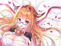 Rule 34 | 1girl, :p, ahoge, bad id, bad pixiv id, bed sheet, black-framed eyewear, black hairband, blonde hair, bow, braid, breasts, brown hair, cleavage, closed mouth, diagonal-striped bow, hairband, hands on own chest, hands up, highres, hololive, horn bow, horn ornament, horns, kiryu coco, kiryu coco (1st costume), kokuri89490047, large breasts, long hair, lying, multicolored hair, on back, petals, red eyes, semi-rimless eyewear, short sleeves, smile, solo, streaked hair, striped, striped bow, tongue, tongue out, under-rim eyewear, upper body, v-shaped eyebrows, virtual youtuber