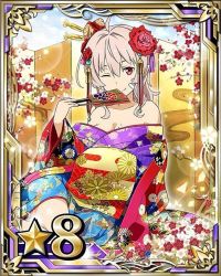 Rule 34 | 10s, 1girl, bare shoulders, breasts, card (medium), cleavage, flower, folding fan, hair flower, hair ornament, hand fan, holding, holding fan, japanese clothes, kimono, looking at viewer, medium breasts, mole, mole on breast, one eye closed, pink hair, red eyes, red flower, short hair, smile, solo, star (symbol), strea (sao), sword art online, yukata
