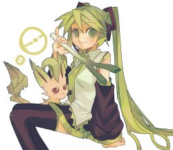 Rule 34 | 1girl, bare shoulders, black footwear, blush, boots, closed mouth, collared shirt, creatures (company), detached sleeves, food, game freak, gen 4 pokemon, green eyes, green hair, green necktie, hair between eyes, hatsune miku, holding, holding food, holding spring onion, holding vegetable, leafeon, long hair, long sleeves, malan, necktie, nintendo, pokemon, pokemon (creature), shirt, sidelocks, simple background, smile, solo, spring onion, thigh boots, twintails, vegetable, very long hair, vocaloid, white background, white shirt