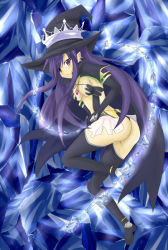 Rule 34 | 1girl, ass, blue hair, blush, breasts, cape, crown, detached sleeves, earrings, fatima, female focus, hat, ice, jewelry, long hair, looking at viewer, looking back, luminous arc, luminous arc 2, pendant, pointy ears, purple eyes, purple hair, solo, thighhighs, whip, witch, witch hat