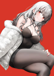 Rule 34 | 1girl, bare shoulders, black choker, black pantyhose, black shorts, blush, breasts, camisole, choker, cleavage, closed mouth, coat, collarbone, criss-cross halter, cross, crossed legs, eyebrows hidden by hair, feet out of frame, halterneck, haori io, highres, invisible chair, large breasts, long hair, long sleeves, looking at viewer, nail polish, off shoulder, open clothes, open coat, original, pantyhose, red background, red eyes, red nails, short shorts, shorts, signature, simple background, sitting, smile, solo, white coat