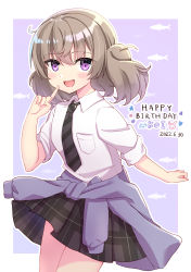 Rule 34 | 1girl, :d, absurdres, ao (flowerclasse), blush, brown hair, clothes around waist, collared shirt, commentary request, dated, diagonal-striped clothes, diagonal-striped necktie, dress shirt, fang, grey skirt, hair between eyes, hand up, happy birthday, highres, necktie, open mouth, plaid, plaid skirt, pleated skirt, purple background, purple eyes, school uniform, shirt, short sleeves, skirt, slow loop, smile, solo, standing, striped clothes, twintails, two-tone background, white background, white shirt, yoshinaga koi