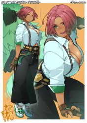 Rule 34 | 1girl, arc system works, belt, black pants, border, breasts, brown gloves, cleavage, closed eyes, collared shirt, dark-skinned female, dark skin, dress shirt, fingerless gloves, giovanna (guilty gear), gloves, green eyes, green fur, guilty gear, guilty gear strive, high-waist pants, large breasts, multiple belts, navel, neone, open mouth, orange background, pants, parted bangs, partially unbuttoned, plunging neckline, shirt, short hair, sleeves pushed up, suspenders, white border, white footwear, white shirt, wolf