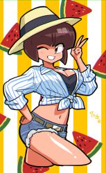 Rule 34 | 1girl, bare legs, belt, black undershirt, bob cut, breasts, brown eyes, brown hair, cleavage, denim, denim shorts, dress shirt, food, fruit, grin, hand on own hip, hand up, hat, large breasts, looking at viewer, midriff, navel, one eye closed, ranma 1/2, shirt, short shorts, shorts, signature, sleeves rolled up, smile, straw hat, striped background, striped clothes, striped shirt, tendou nabiki, tied shirt, v, wanta (futoshi), watermelon, watermelon slice, white shirt, yellow belt