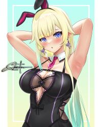 Rule 34 | 1girl, :o, absurdres, aizawa ema, animal ears, armpits, arms behind head, artist name, bare shoulders, black bow, black bra, black dress, black hairband, blonde hair, blue eyes, blunt bangs, blush, bow, bow bra, bra, center opening, chest belt, cosplay, cross-laced clothes, cross-laced dress, detached collar, dress, earrings, fake animal ears, gradient hair, green hair, hairband, highres, jewelry, long hair, looking at viewer, multicolored hair, necktie, pink necktie, prsdubstep, rabbit ears, short necktie, underwear, very long hair, virtual youtuber, vspo!, yakumo beni, yakumo beni (2nd costume), yakumo beni (cosplay)
